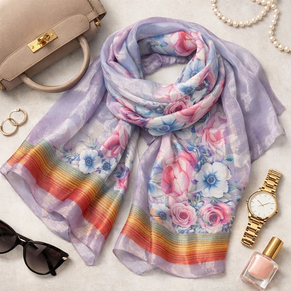 Lavender Floral Scarf Metallic Lurex Shimmer Pink Rose Rainbow Stripe Border - Picture 1 of 7
